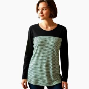 Kim Rogers L Top Navy Blue Green Stripe Cotton Casual Round Neck